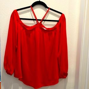 Naked zebra size M red off the shoulder sheer sleeve, double lined bodice shirt